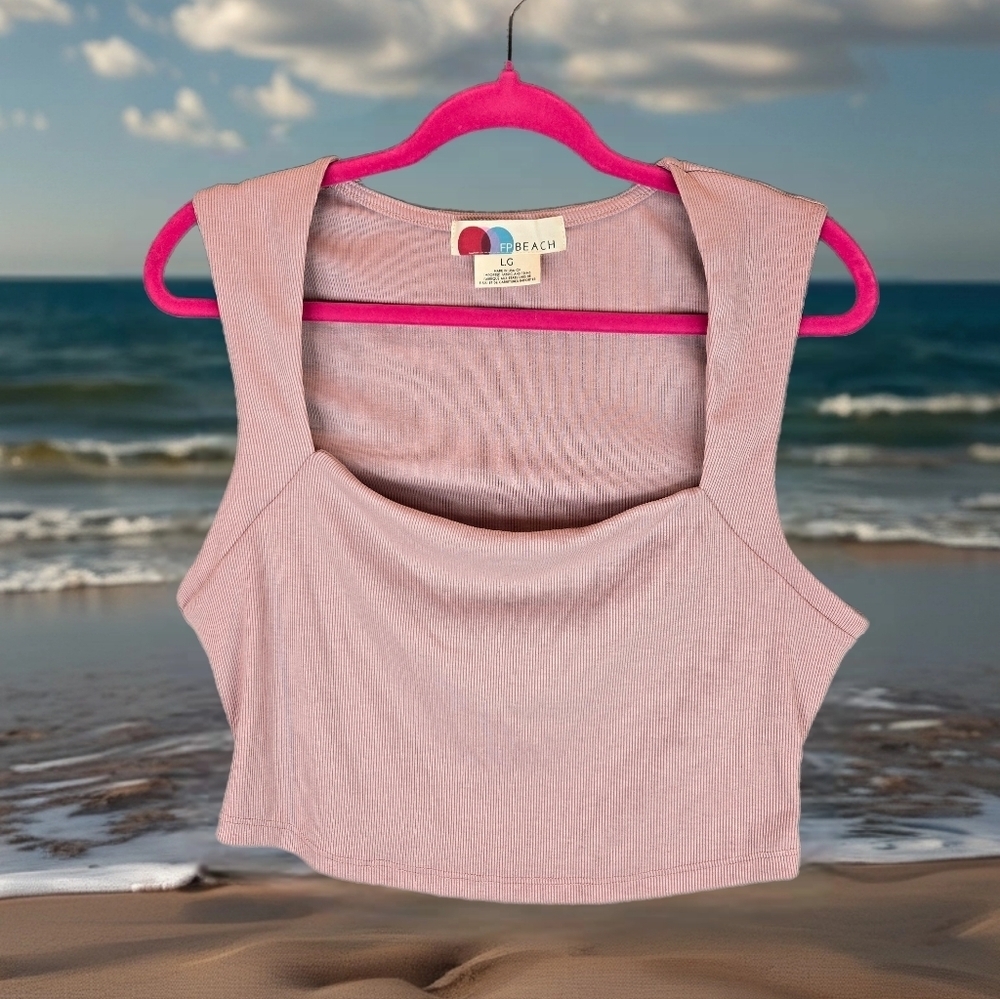 Free People Beach Womens Tank Top Sz L Cropped Pale Pink Ribbed Soft Relaxed